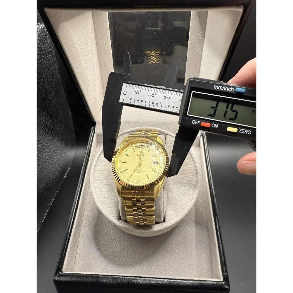 Elgin Presidential 35mm Day/Date Gold Plated Quartz Watch FC740-017 6M55-SR621SW